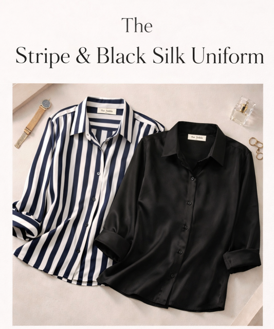 Image of Shirts. Productname: The Stripe & Black Silk Uniform in Black colour by brand - The Fable