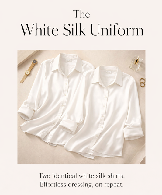 Image of a model wearing Uniforms & Workwear. Productname: The White Silk Uniform in White colour by brand - The Fable
