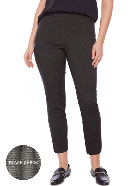Image of a model wearing Pants. Product name - UP! 28" SOLID TECHNO PETAL-SLIT ANKLE PANT in Black Check colour by brand - Up Pants