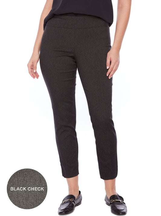 Image of a model wearing Pants. Product name - UP! 28" SOLID TECHNO PETAL-SLIT ANKLE PANT in Black Check colour by brand - Up Pants