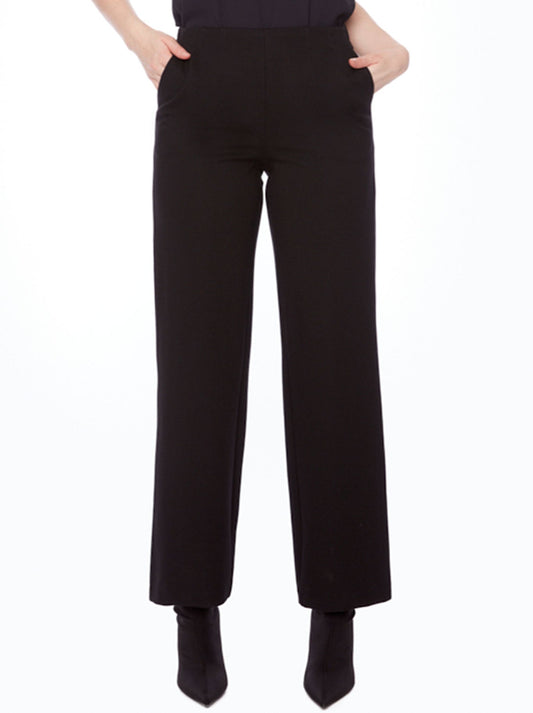 Image of a model wearing Pants. Productname: Up! 32" Solid Ponte Wide-Leg Pant in Black colour by brand - Up Pants