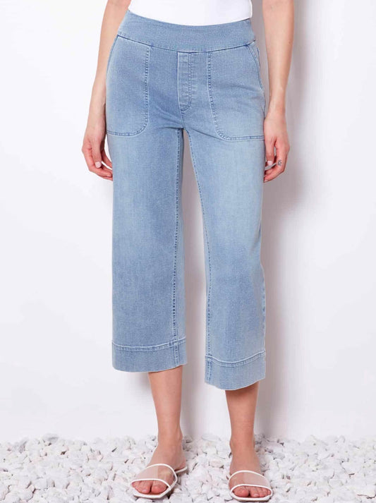Image of a model wearing Pants. Product name - UP! DENIM WIDE CROP PANT in Light Blue colour by brand - Up Pants