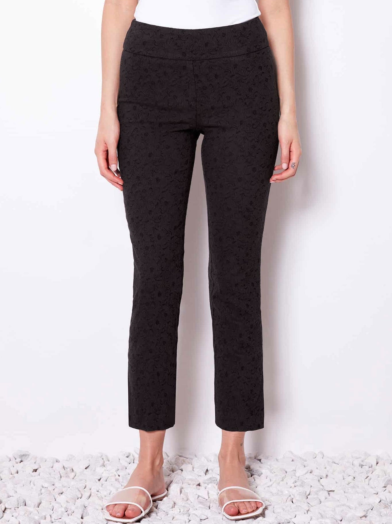 Image of a model wearing Pants. Product name - UP! SOLID TEXTURED JACQUARD ANKLE PANT in Stone colour by brand - Up Pants
