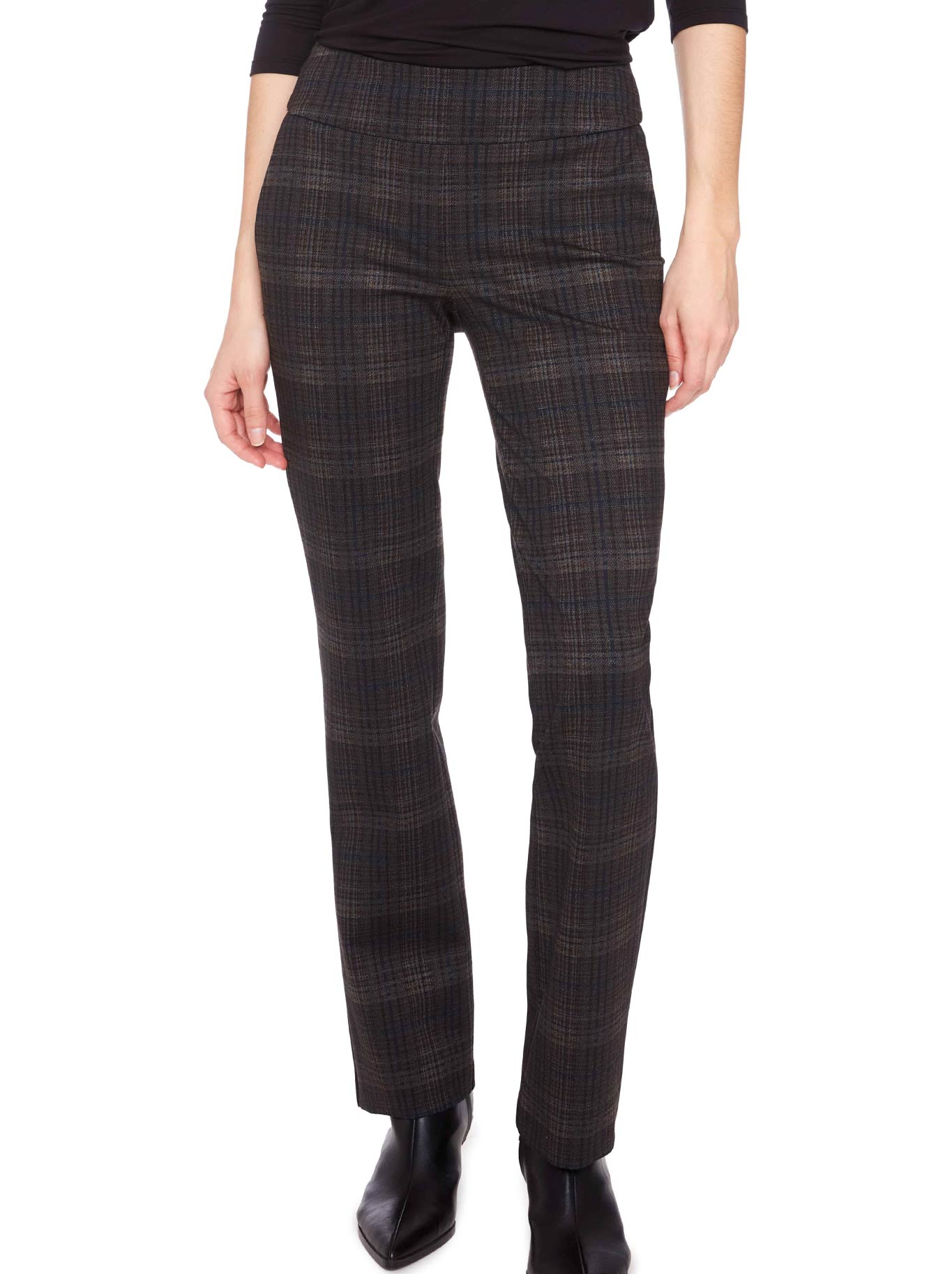 Image of a model wearing Pants. Productname: Up! Heavy Ponte Bootcut Pant in Dark Plaid colour by brand - Up Pants