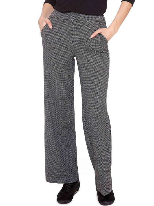 Image of a model wearing Pants. Productname: Up! Knit Wide Leg Full Length Pant in Check colour by brand - Up Pants