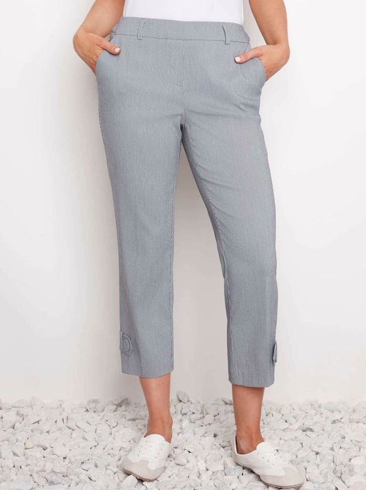 Image of a model wearing Pants. Product name - Up! Techno Wide Leg Crop Button Tab Pant in Navy Stripe colour by brand - Up Pants