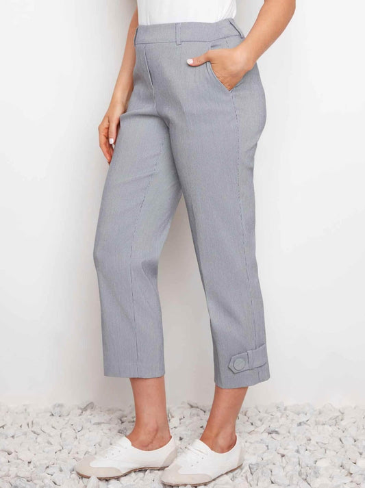 UP! TECHNO WIDE LEG CROP BUTTON TAB PANT (Navy Stripe)