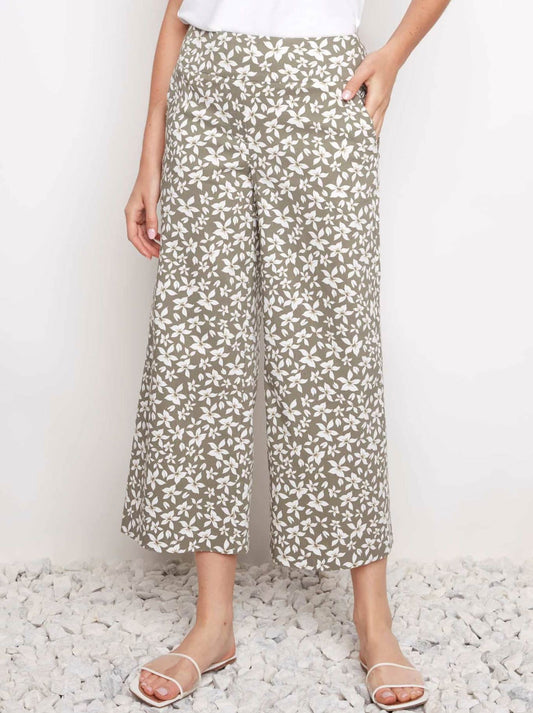 Image of a model wearing Pants. Product name - Up! Techno Wide Leg Crop Pant in Wild Daisy colour by brand - Up Pants