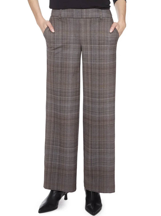 Image of a model wearing Pants. Productname: Up! Full Lengh Wide Leg Plaid Ponte Pant in Honey Plaid colour by brand - Up Pants