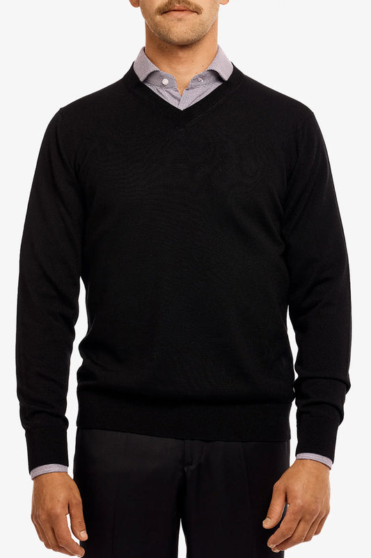 Image of a model wearing Outerwear. Product name - Vee Black in Black colour by brand - Anthony Squires