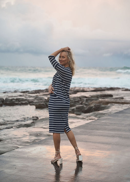 Lou Lou Fiona Bamboo Fold-Over Waist Tube Skirt (Navy Stripe)