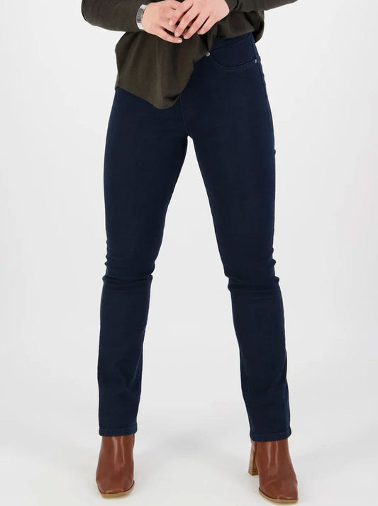 Image of a model wearing Pants. Productname: Vassalli Slim Leg Pull On Denim Pant in Indigo colour by brand - Vassalli