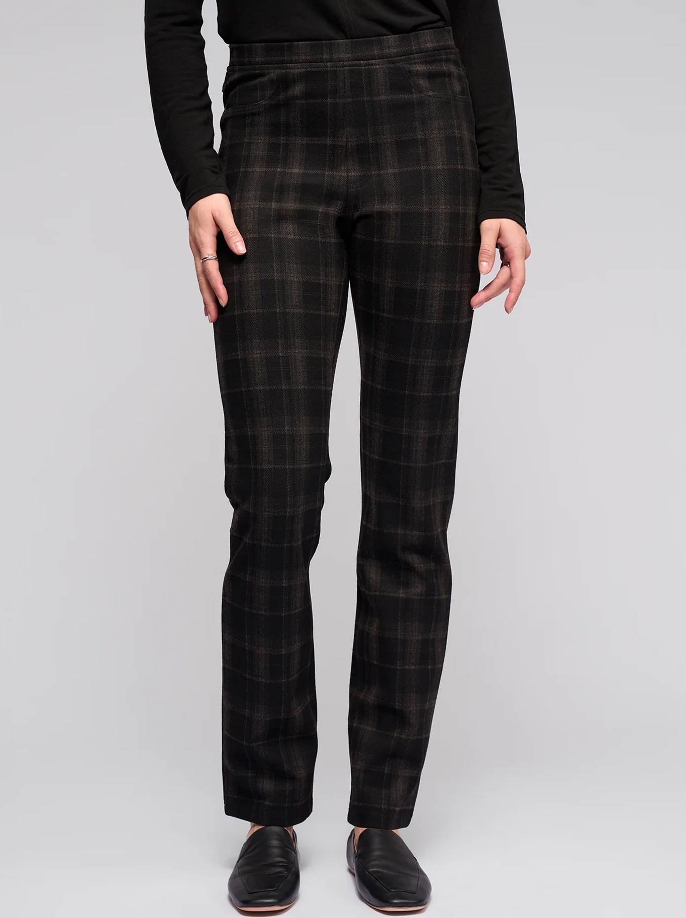 Image of a model wearing Pants. Productname: Vassalli Bay Slim Leg Pull On Pant in Checkmate colour by brand - Vassalli