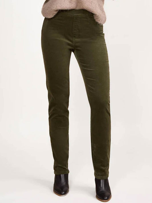 Image of a model wearing Pants. Productname: Vassalli Slim Leg Cord Pull On Pant in Deep Sage colour by brand - Vassalli