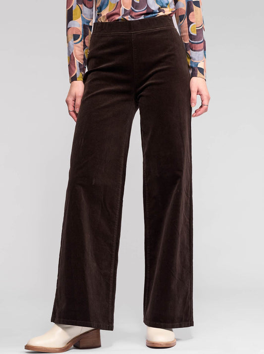 Image of a model wearing Pants. Productname: VASSALLI CORD WIDE LEG PULL ON in Deep Sage colour by brand - Vassalli