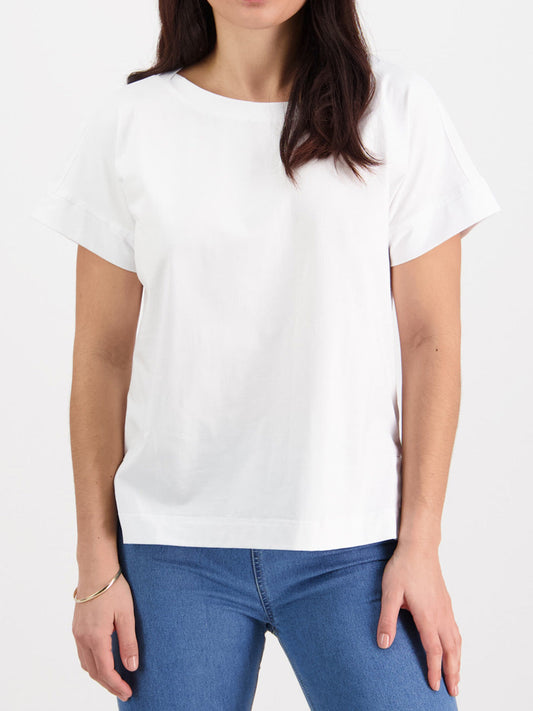 Image of a model wearing Tops. Productname: VASSALLI DROP SLEEVE TOP in White colour by brand - Vassalli