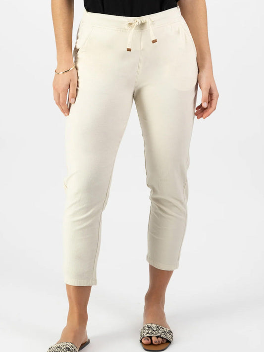 Image of a model wearing Pants. Productname: VASSALLI 7/8 ELASTIC WAIST TIE PANT in Ecru colour by brand - Vassalli
