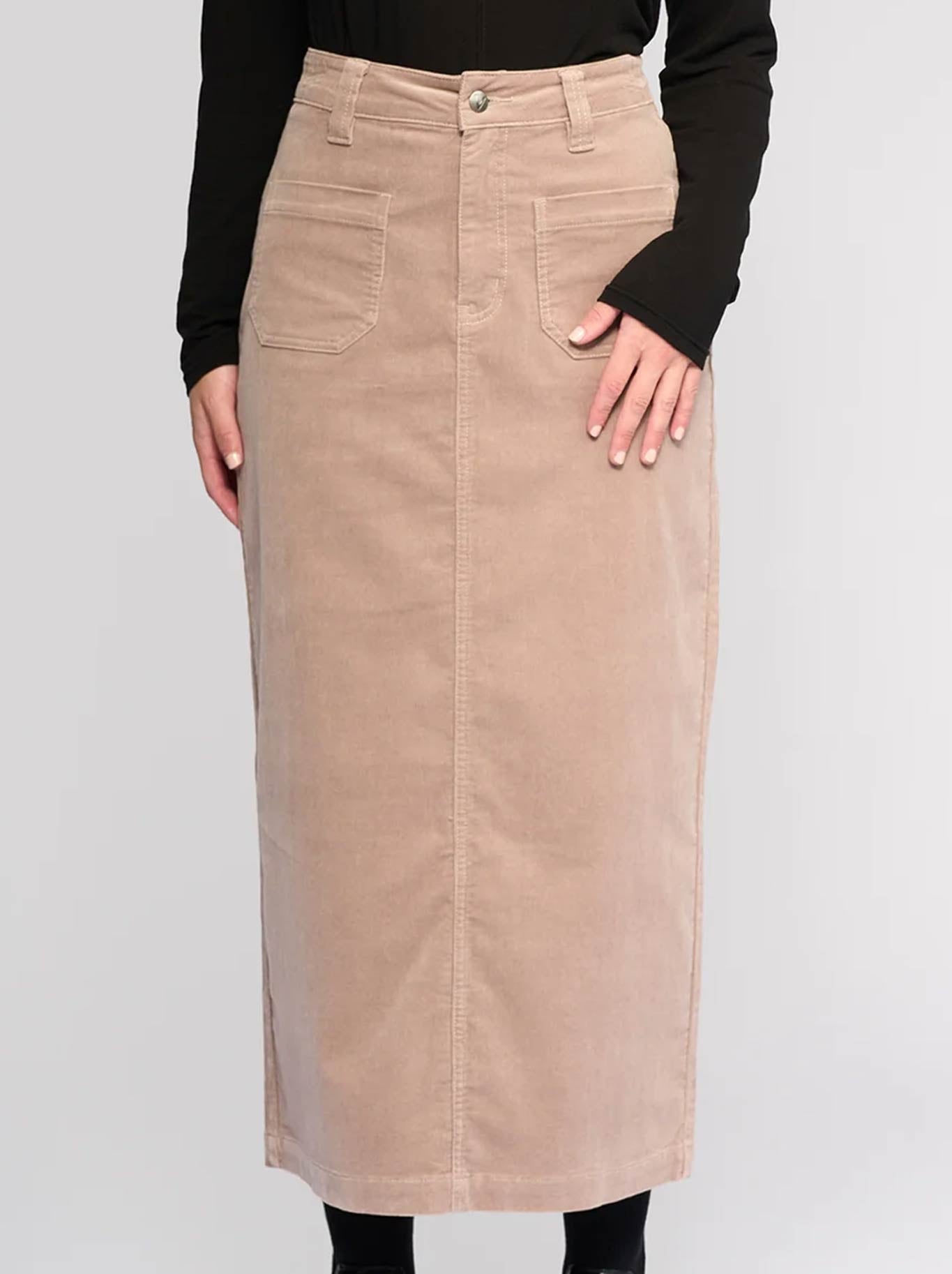 Image of a model wearing Skirts. Productname: Vassalli Lane Cord Skirt in Twig colour by brand - Vassalli
