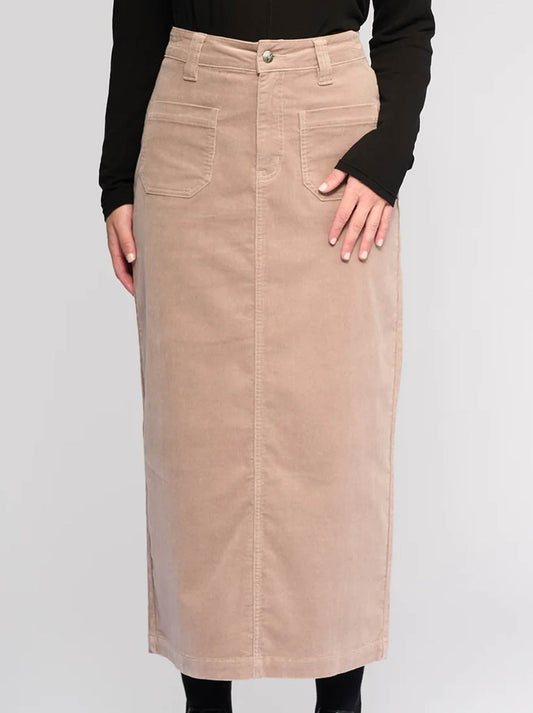 Image of a model wearing Skirts. Productname: Vassalli Lane Cord Skirt in Twig colour by brand - Vassalli