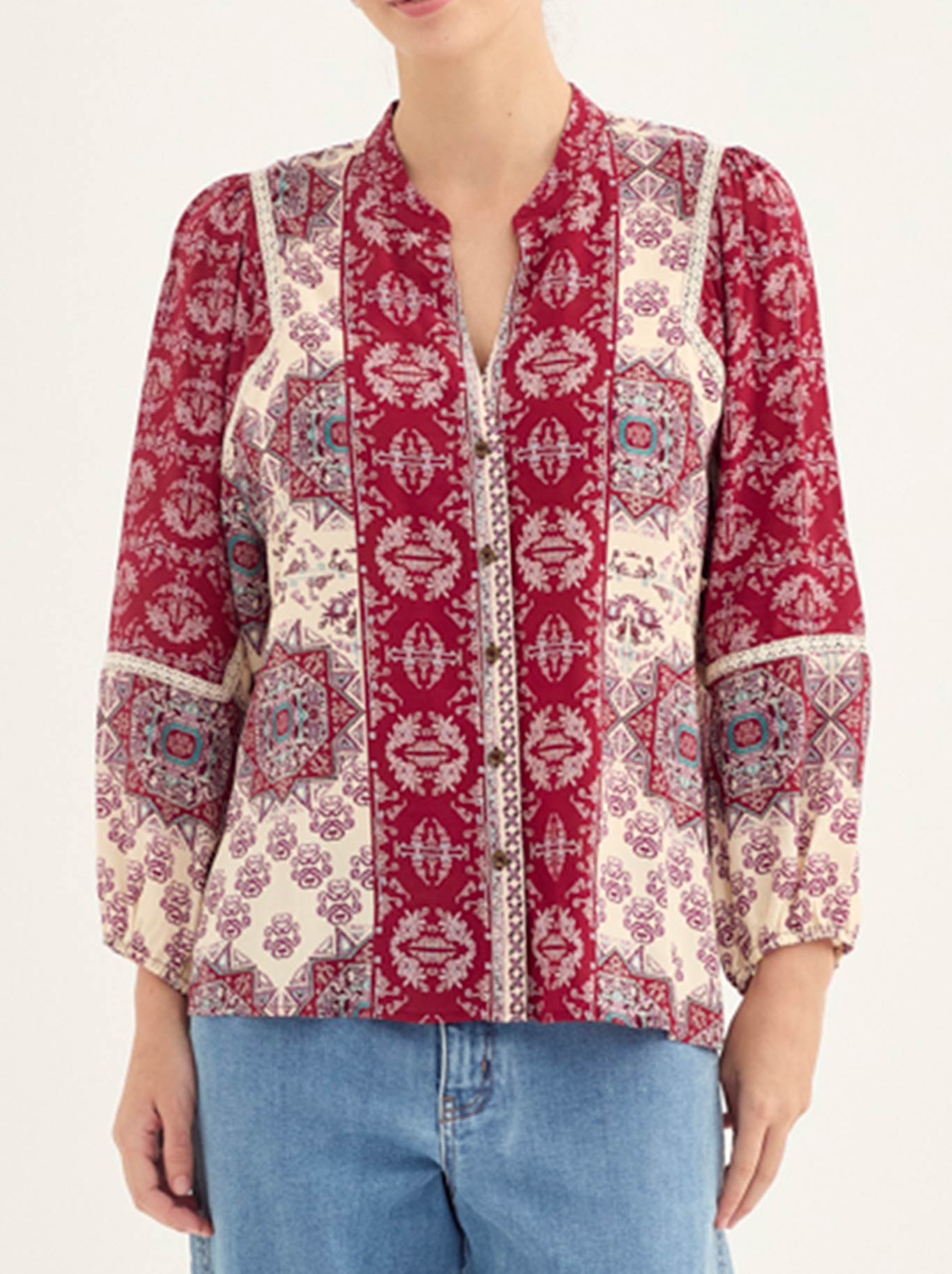 Image of a model wearing Tops. Product name - Verge Haze Blouse in Print colour by brand - Verge