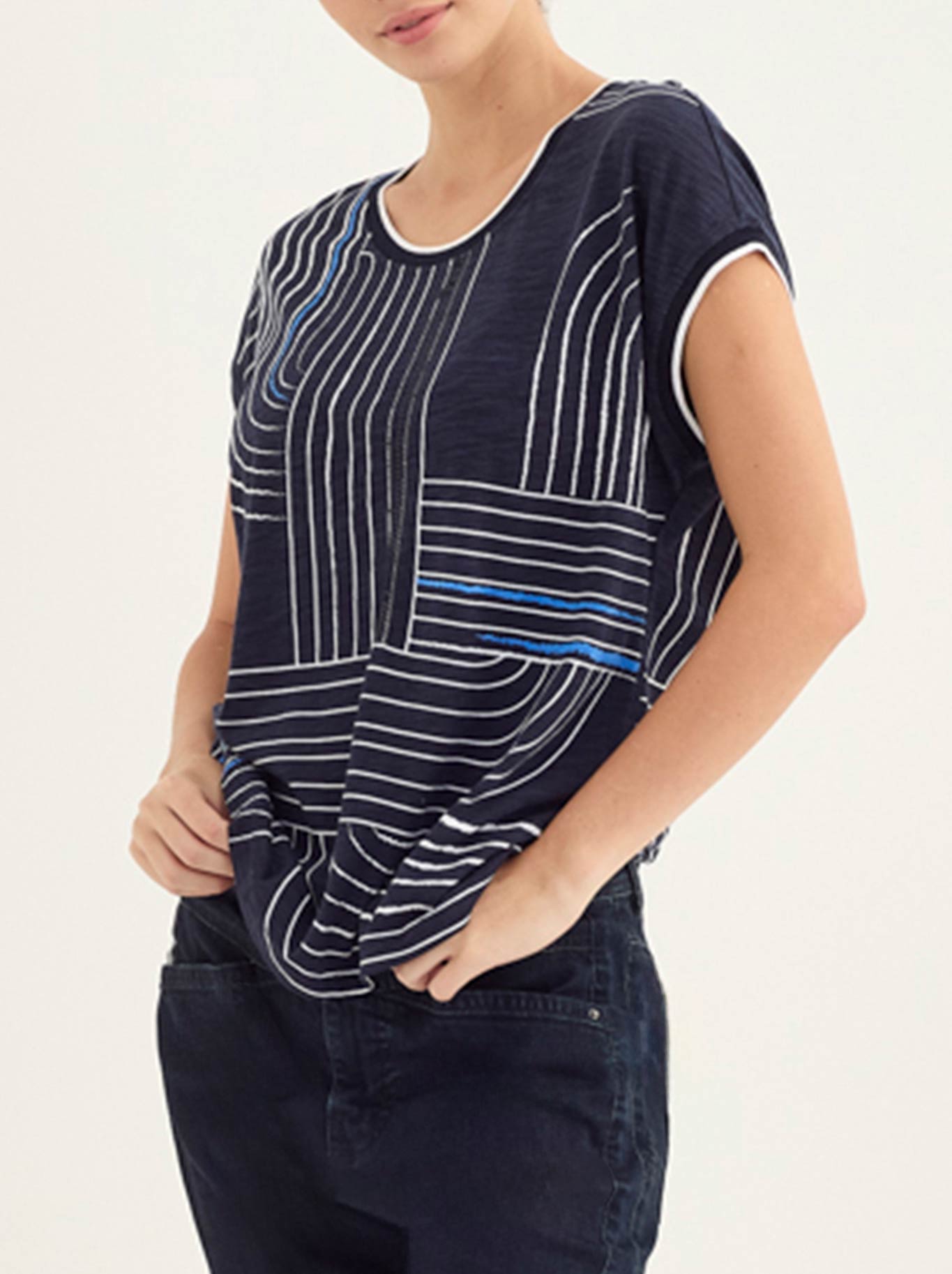 Image of a model wearing Tops. Product name - Verge Coastal Top in Ink colour by brand - Verge