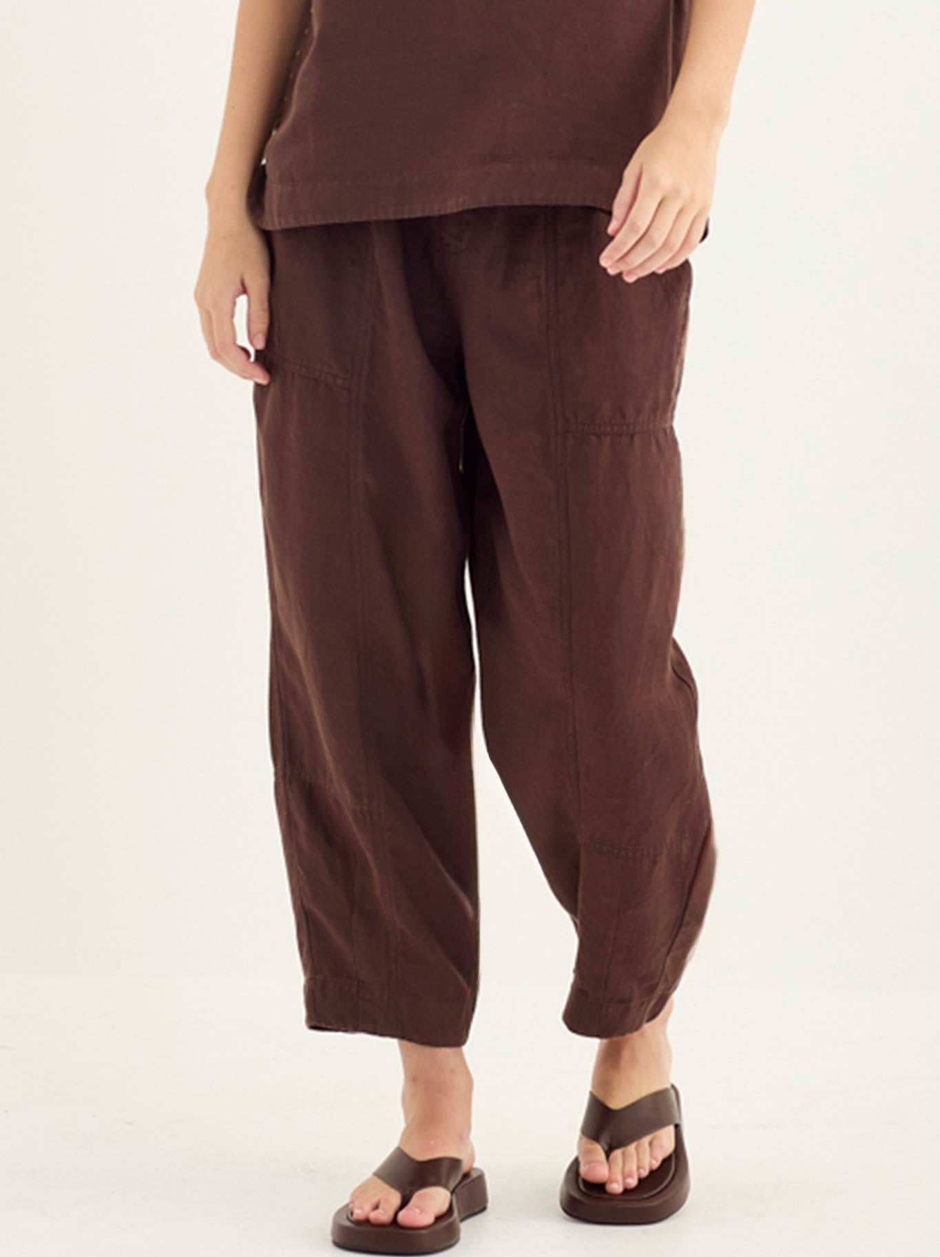Image of a model wearing Pants. Product name - Verge Studio Pant in Chocolate colour by brand - Verge