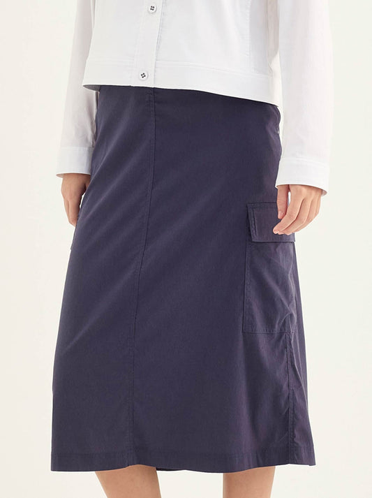 Image of a model wearing Skirts. Product name - Verge Porter Skirt in Denim Marle colour by brand - Verge
