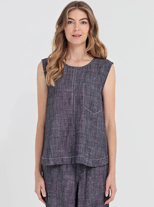 Image of a model wearing Tops. Product name - Verge Avery Tank in Ink colour by brand - Verge