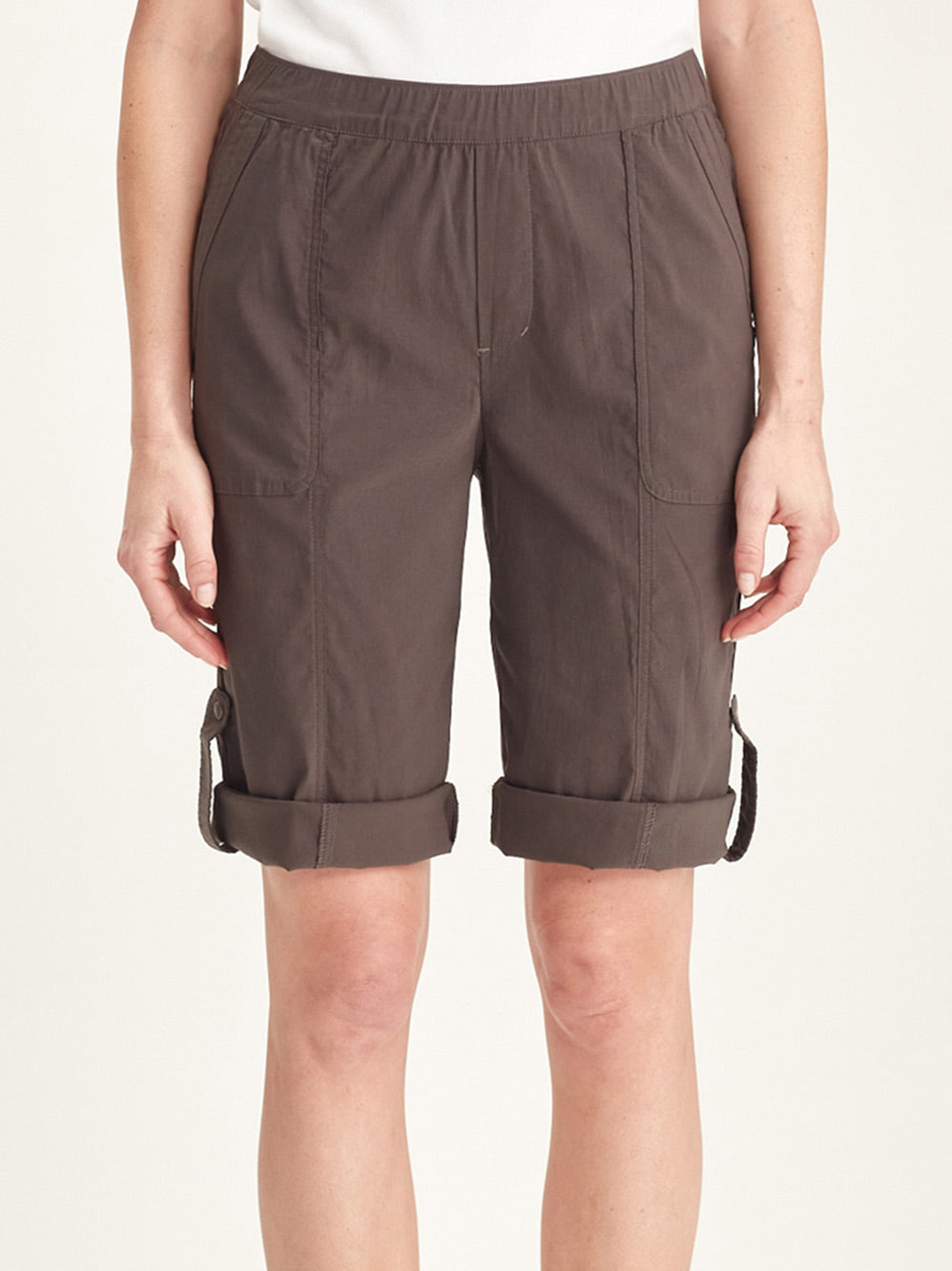 Image of a model wearing Shorts. Product name - Verge Acrobat Rolled Short in Gravel colour by brand - Verge