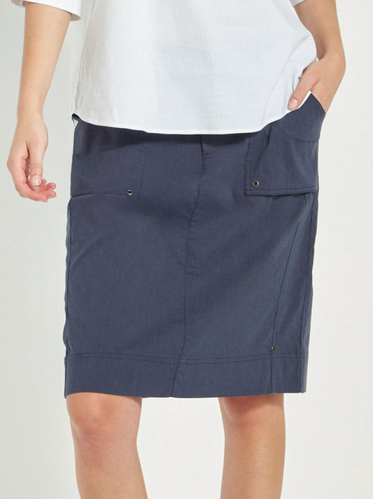 Image of a model wearing Skirts. Productname: Verge Acrobat Legion Skirt in Denim Marle colour by brand - Verge