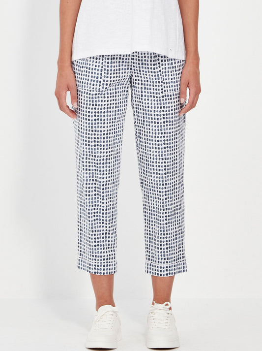 Image of a model wearing Pants. Productname: Verge Acrobat Tile Essex Pant in Denim Print colour by brand - Verge