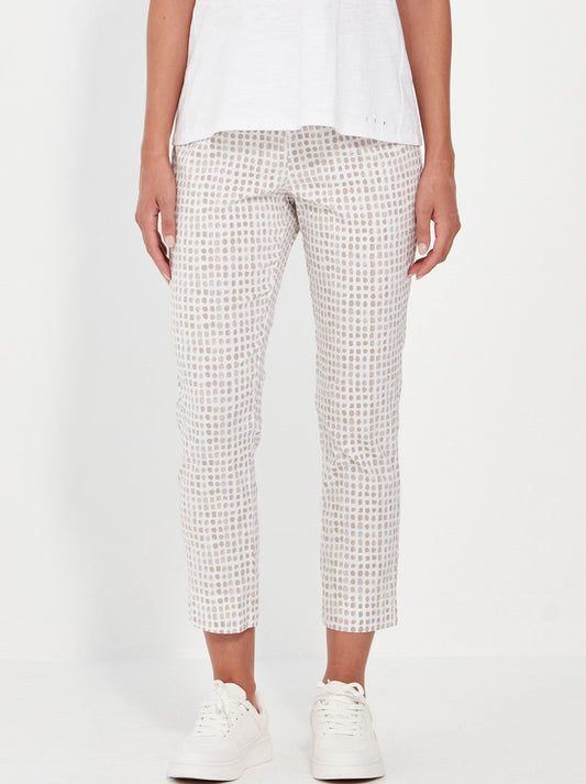 Image of a model wearing Pants. Productname: Verge Acrobat Tile 7/8Th Pant in Bark Print colour by brand - Verge