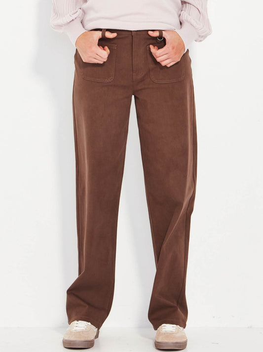 Image of a model wearing Pants. Productname: Verge Blake Pant in Chocolate colour by brand - Verge