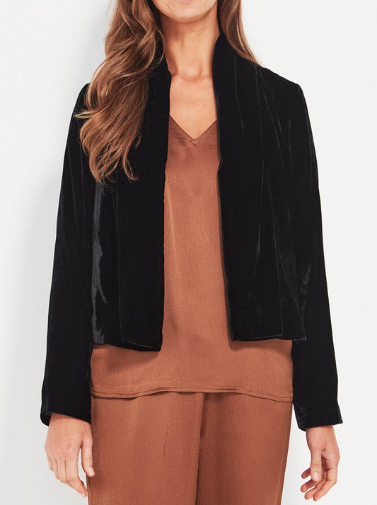 Image of a model wearing Tops. Productname: Verge Enchant Jacket in Black colour by brand - Verge
