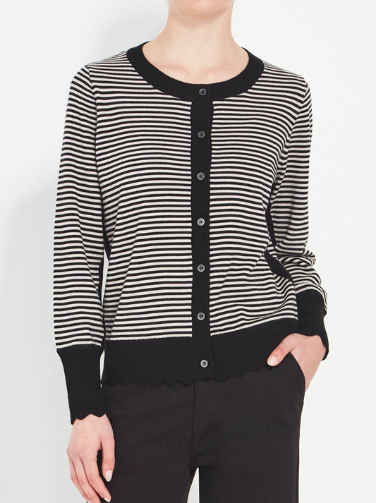 Image of a model wearing Outerwear. Productname: Verge Marcella Cardi in Black Chalk colour by brand - Verge