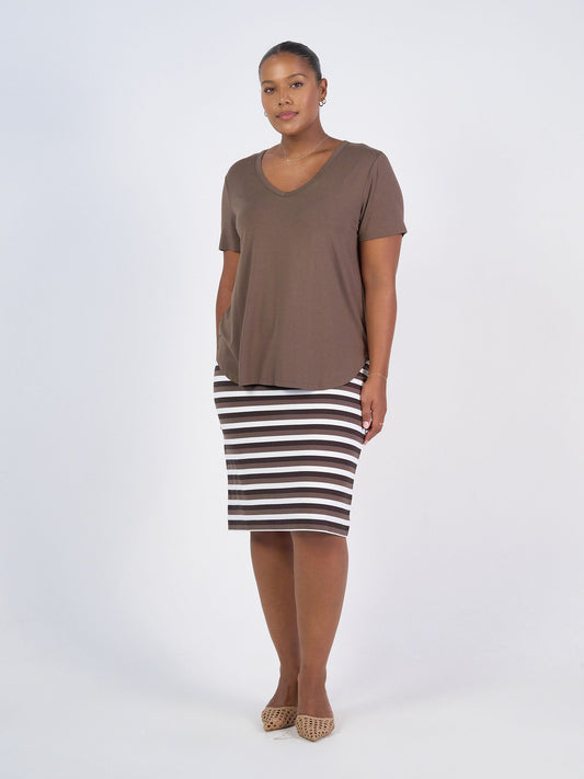 Image of a model wearing Tops. Product name - Veronica Bamboo V-Neck T-Shirt Chocolate in Chocolate colour by brand - Lou Lou