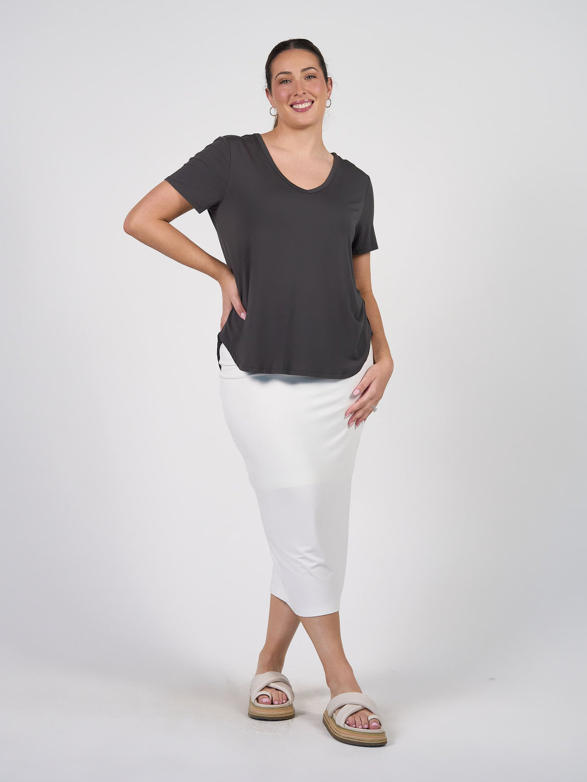 Image of a model wearing Tops. Product name - Veronica Bamboo V-Neck T-Shirt Steel in Steel colour by brand - Lou Lou