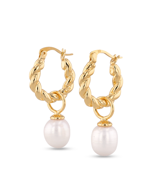 Image of Earrings. Product name - Vieste Gold Pearl Hoop Earrings in colour by brand - LAVANA