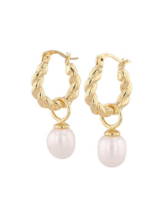 Image of Earrings. Product name - Vieste Gold Pearl Hoop Earrings in colour by brand - LAVANA