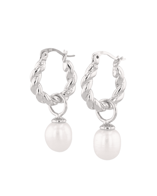 Image of Earrings. Product name - Vieste Silver Pearl Hoop Earrings in colour by brand - LAVANA