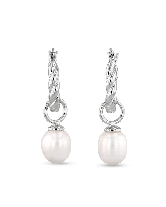 Image of Earrings. Product name - Vieste Silver Pearl Hoop Earrings in colour by brand - LAVANA