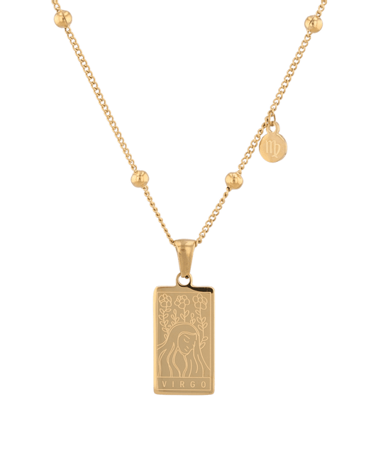 Image of Necklaces. Product name - Virgo Gold Zodiac Tag Necklace in colour by brand - LAVANA
