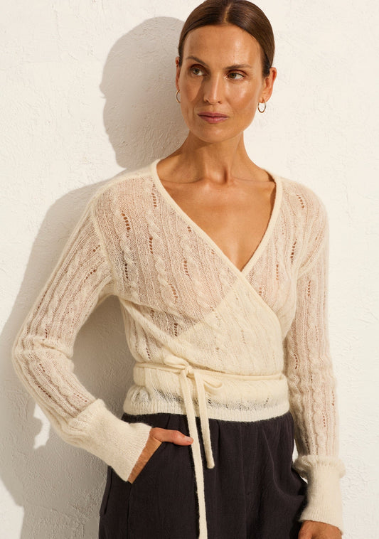 Image of a model wearing Outerwear. Productname: Auguste The Label Rowan Wrap Knit Cardigan in White colour by brand - Auguste The Label