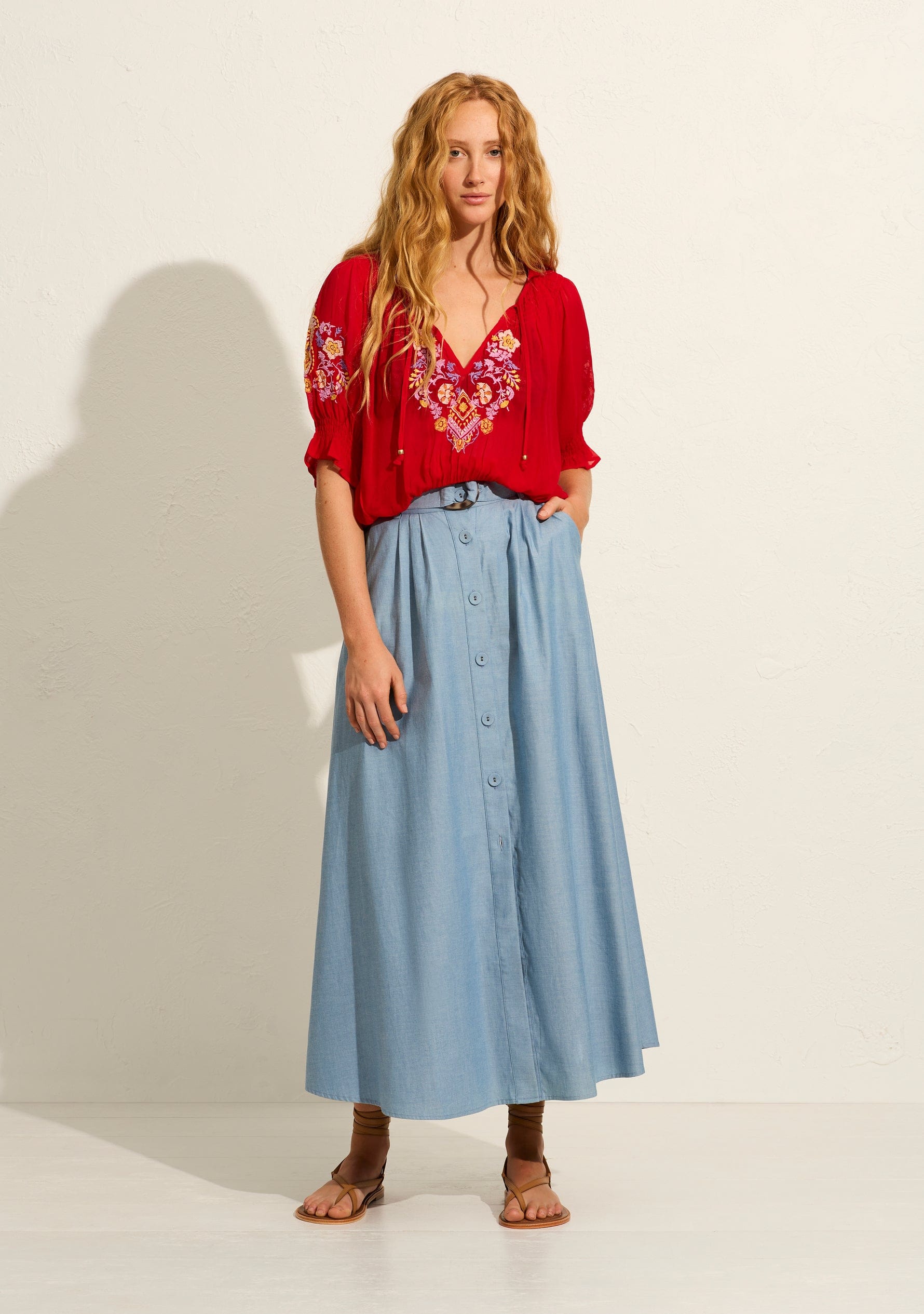 Image of a model wearing Skirts. Productname: Auguste The Label Leigh Maxi Skirt in Blue colour by brand - Auguste The Label