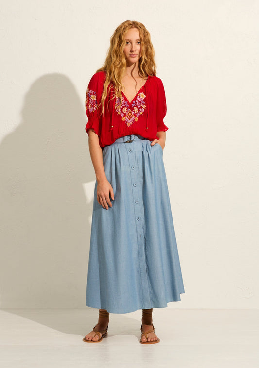 Image of a model wearing Skirts. Productname: Auguste The Label Leigh Maxi Skirt in Blue colour by brand - Auguste The Label