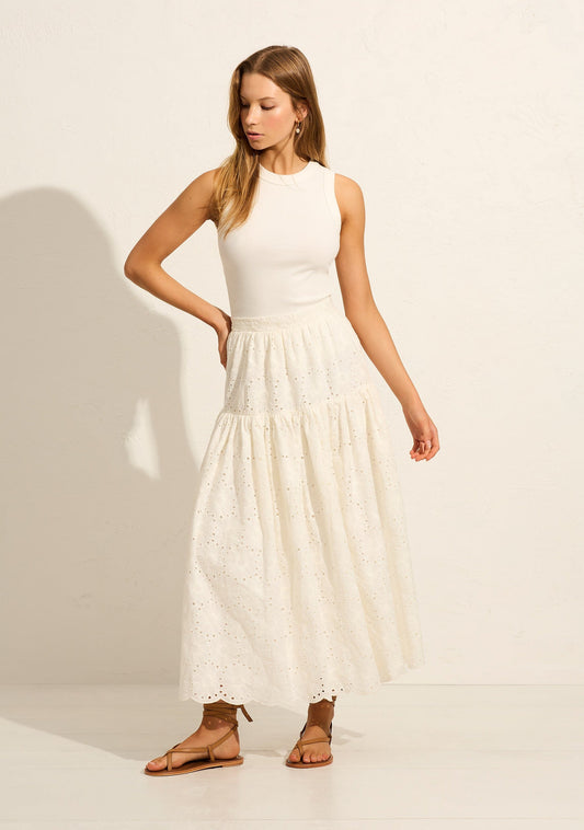 Image of a model wearing Skirts. Productname: Auguste The Label Aaliyah Midi Skirt in White colour by brand - Auguste The Label