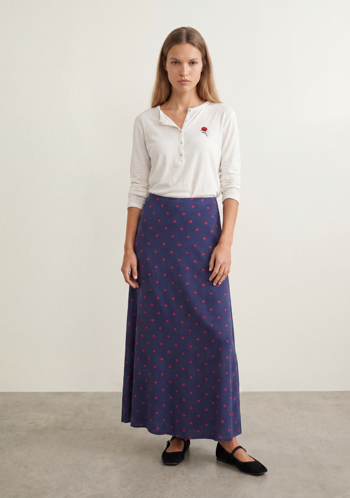 Image of a model wearing Skirts. Productname: Auguste The Label Cove Maxi Skirt in Print colour by brand - Auguste The Label