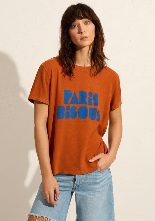 Image of a model wearing Tops. Productname: Auguste The Label Paris Kisses Classic Tee in Yellow/Orange colour by brand - Auguste The Label