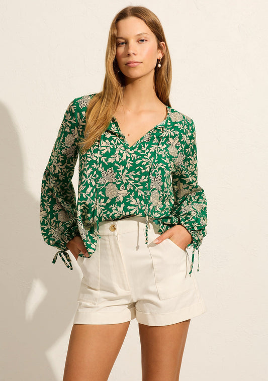 Image of a model wearing Tops. Productname: Auguste The Label Lennox Blouse in Green colour by brand - Auguste The Label