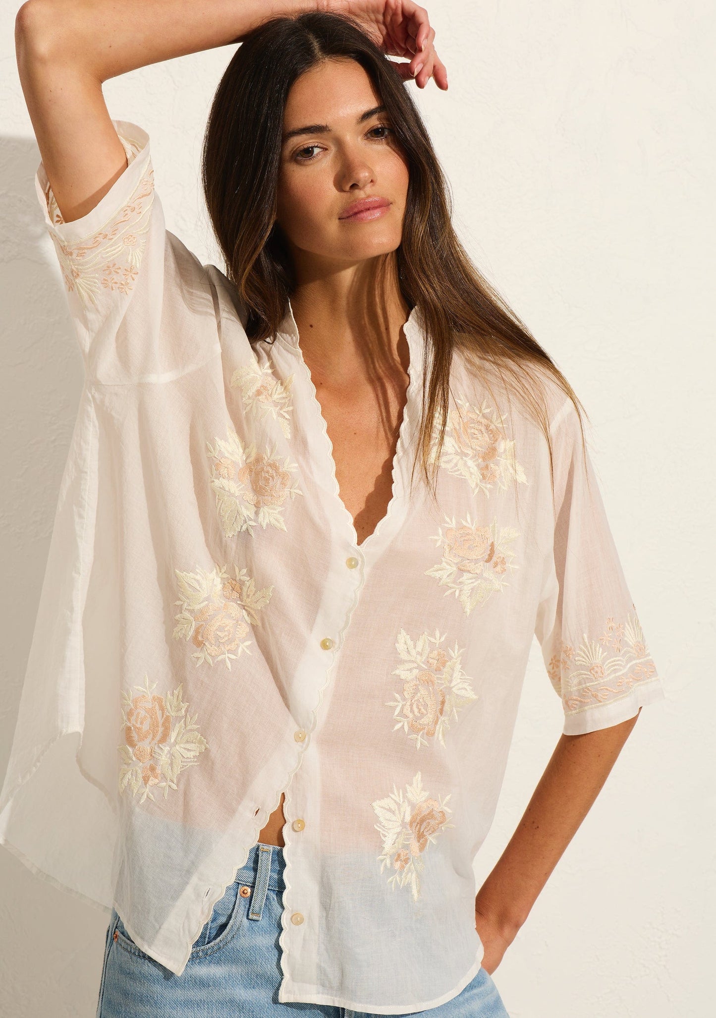 Image of a model wearing Tops. Productname: Auguste The Label Rosalie Blouse in Print colour by brand - Auguste The Label